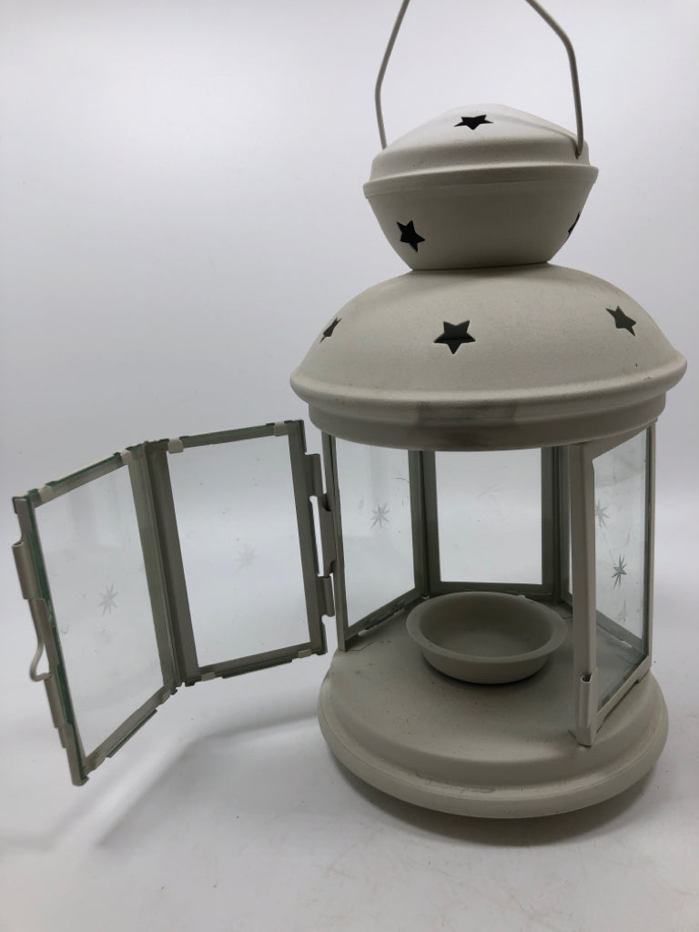 WHITE CANDLE LANTERN W/STAR-CUT OUTS.