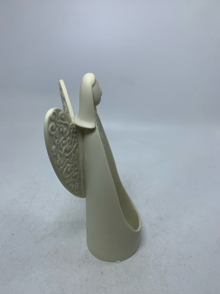 PORCELAIN ANGEL W/ SCROLL DETAIL VOTIVE CANDEL HOLDER.
