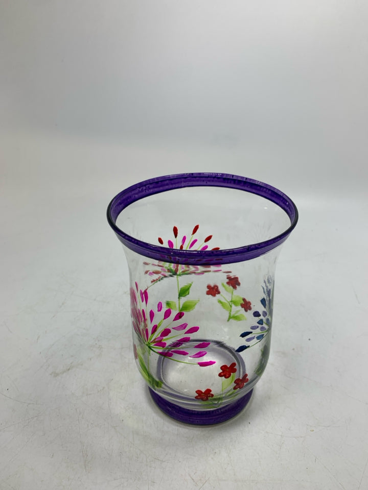 PAINTED FLOWERS W/ PURPLE RIM CANDLE HOLDER.