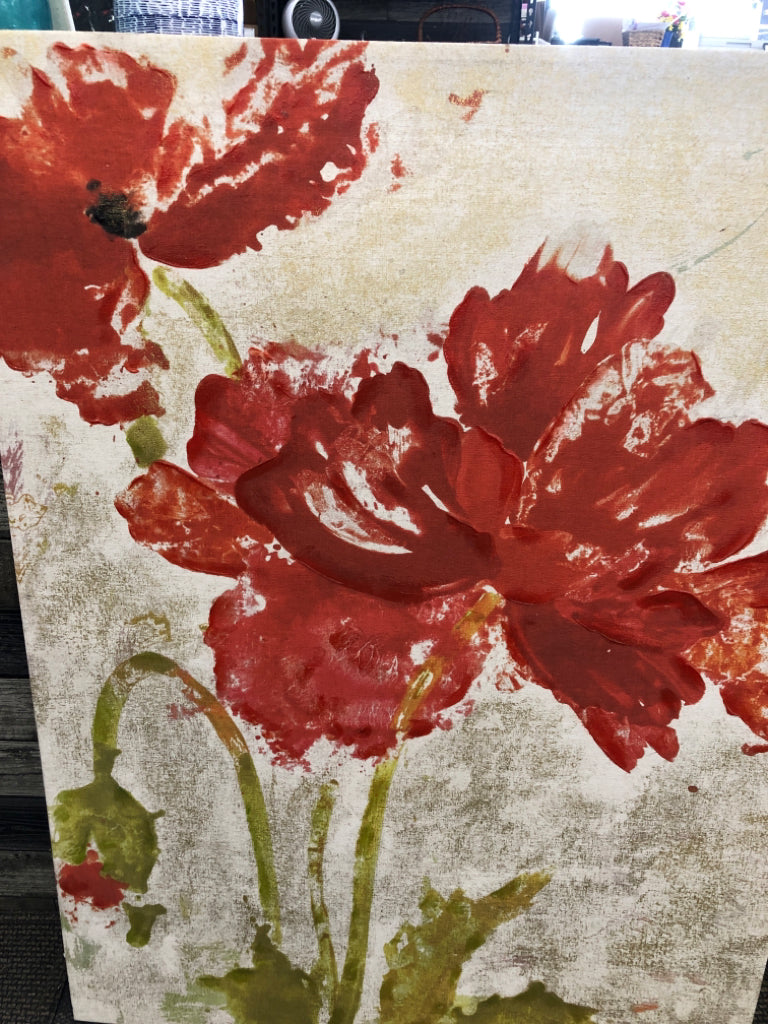 RED FLORAL TEXTURED CANVAS PRINT.