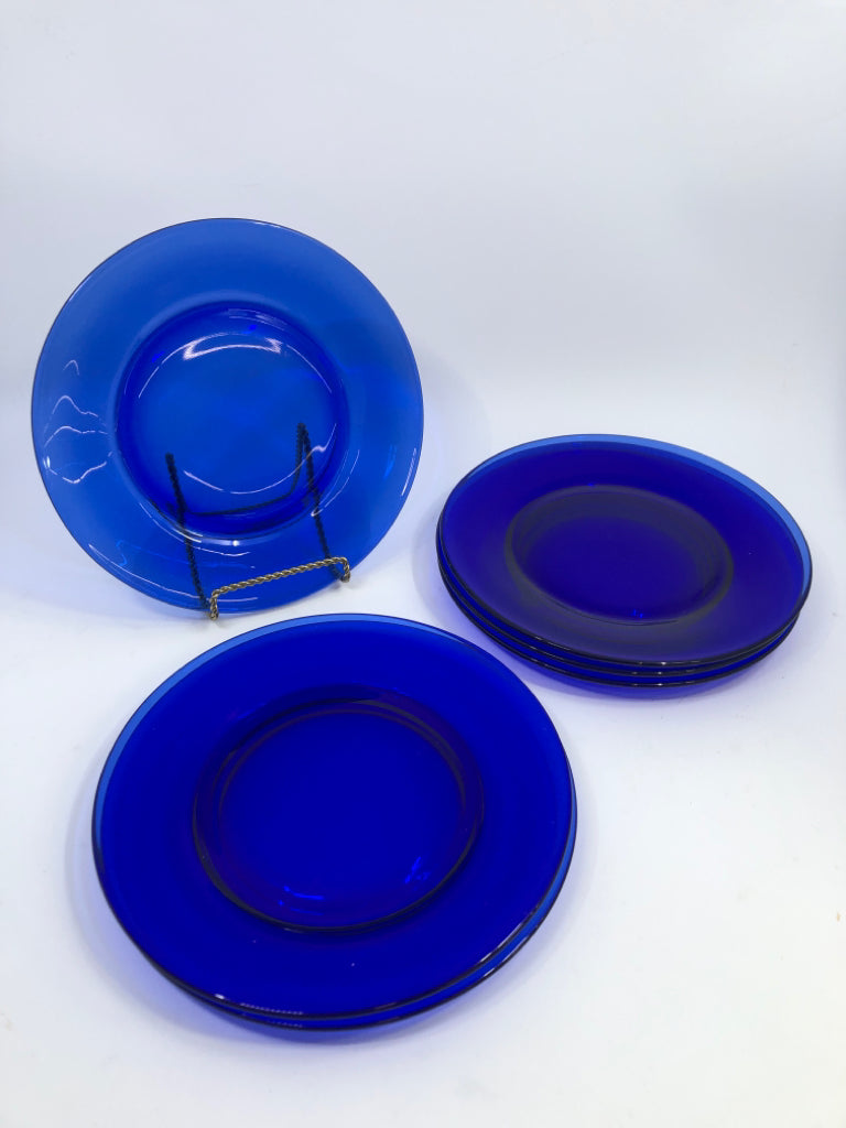 6 COBALT BLUE GLASS DESSERT PLATES.