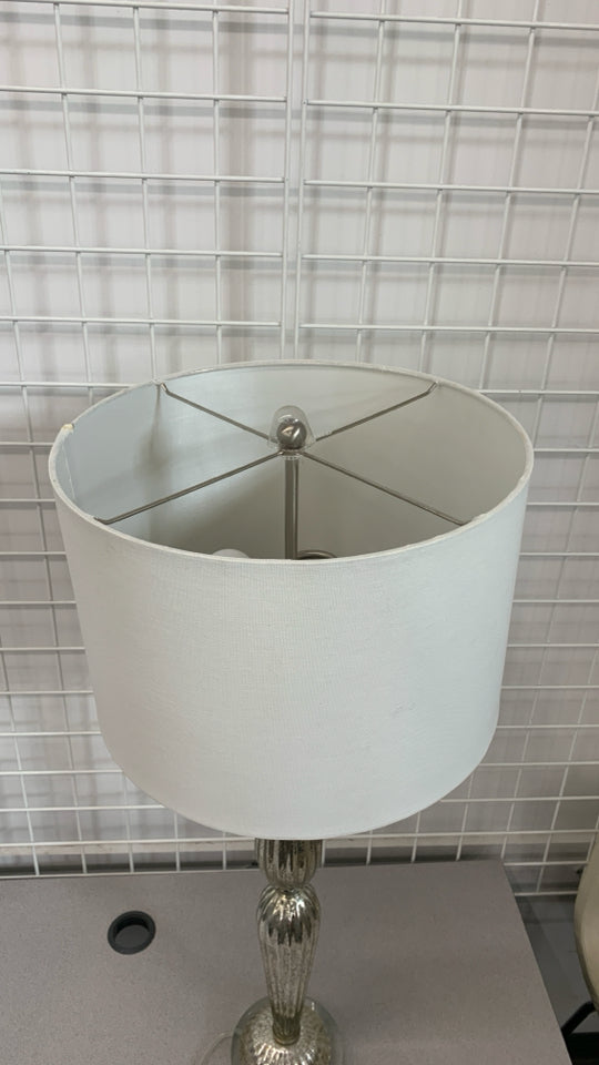 MERCURY GLASS BASE LAMP W/WHITE SHADE.