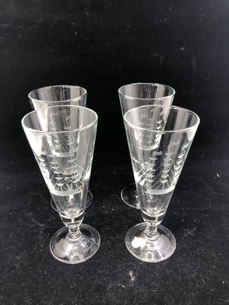 4 VTG JAVIT CRYSTAL BOAT ETCHED FOOTED GLASSES.