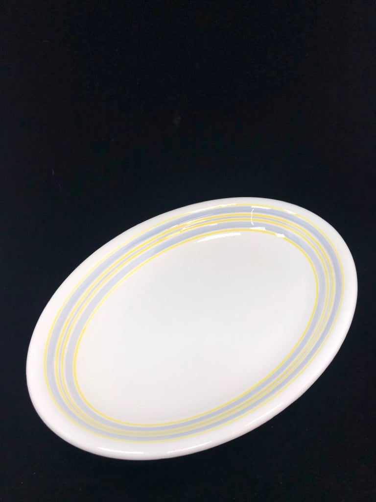 GREY/YELLOW STRIPE OVAL CERAMIC SERVING DISH.