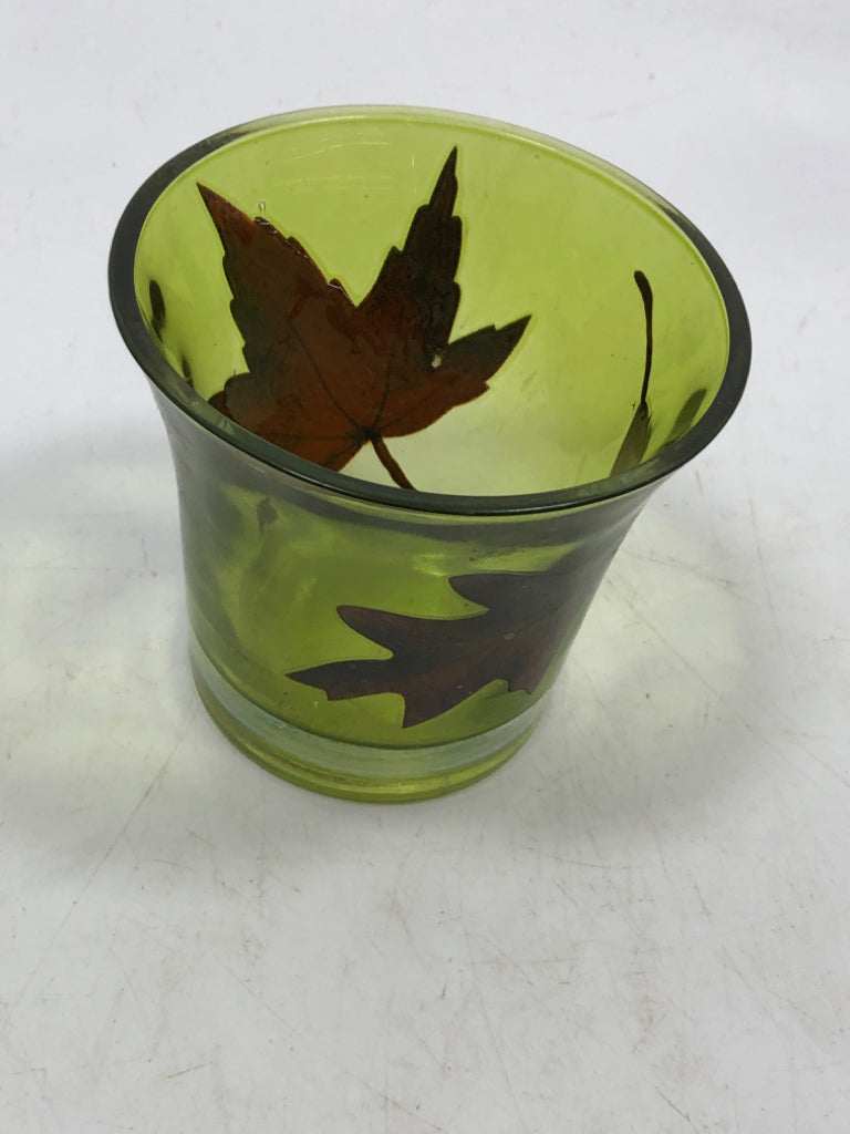 AUTUMN LEAF GREEN GLASS VOTIVE HOLDER.