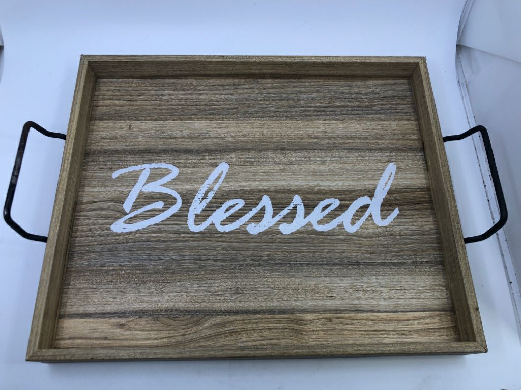 WOOD TRAY "BLESSED" METAL HANDLES.