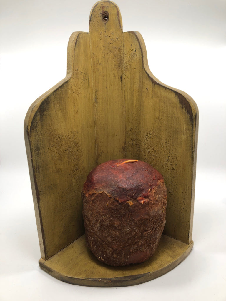 FARMHOUSE STYLE WOODEN WALL SHELF W/RED CANDLE.