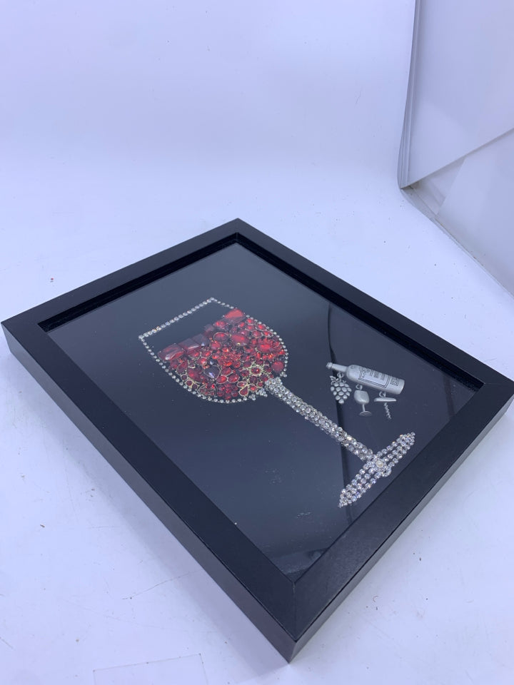 BEDAZZLED WINE GLASS RED/SILVER BLACK FRAME WALL HANGING.