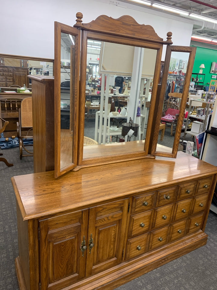 LARGE LONG DRESSER W 3 DRAWERS AND CABINET AND MIRROR.