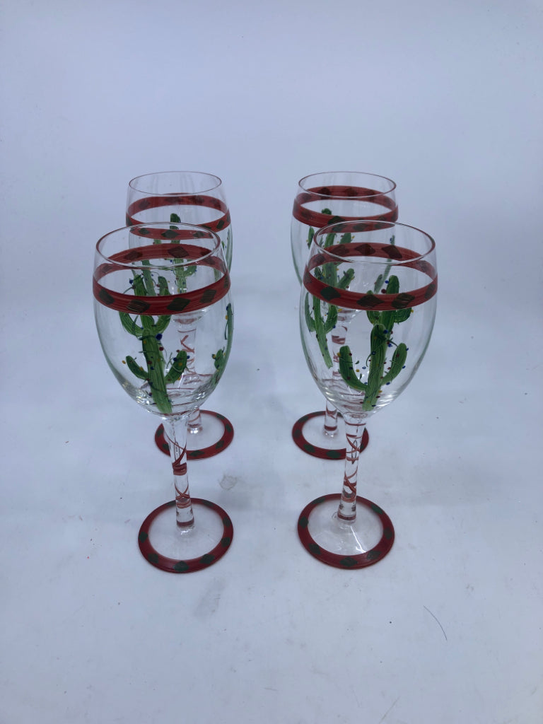 4 PAINTED CHRISTMAS CACTUS WINE GLASSES.