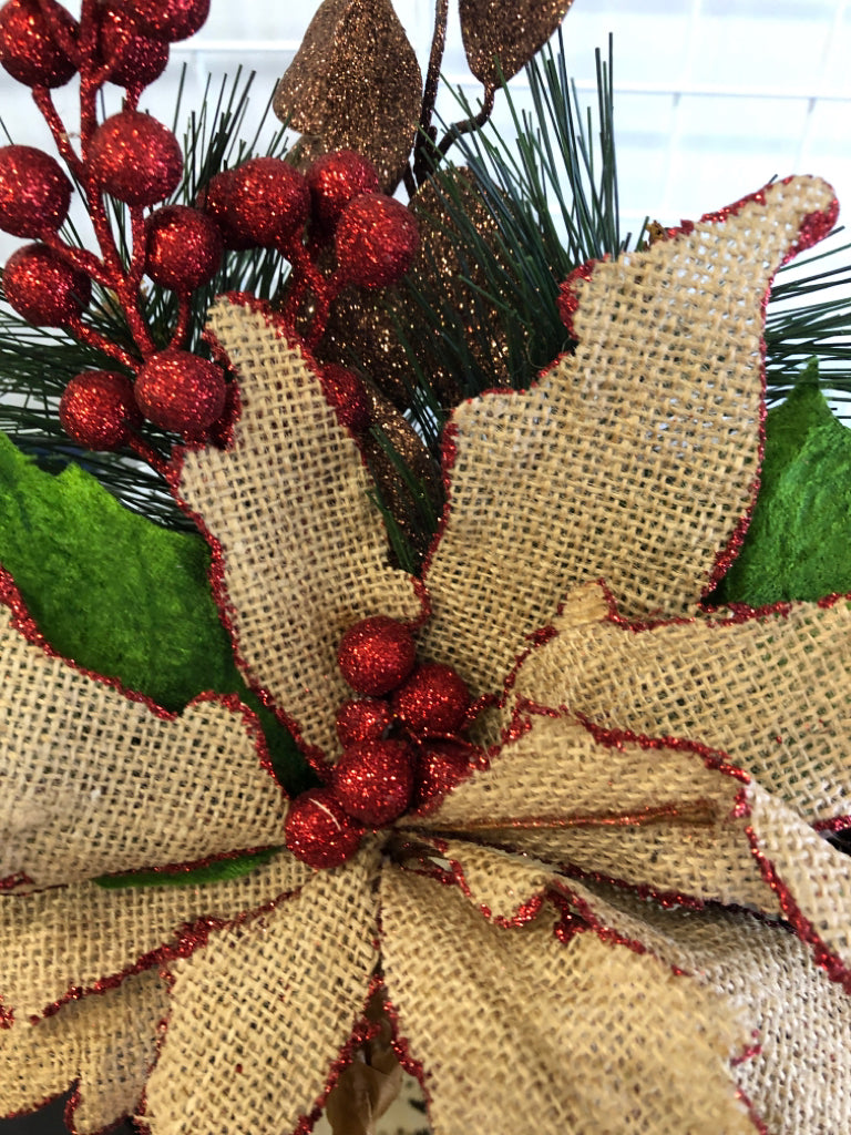 BURLAP POINSETTIA RED SPARKLY TREE TOPPER.