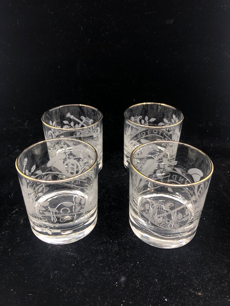 4 JOY COME SHORT WATER GLASSES WS GOLD RIM.