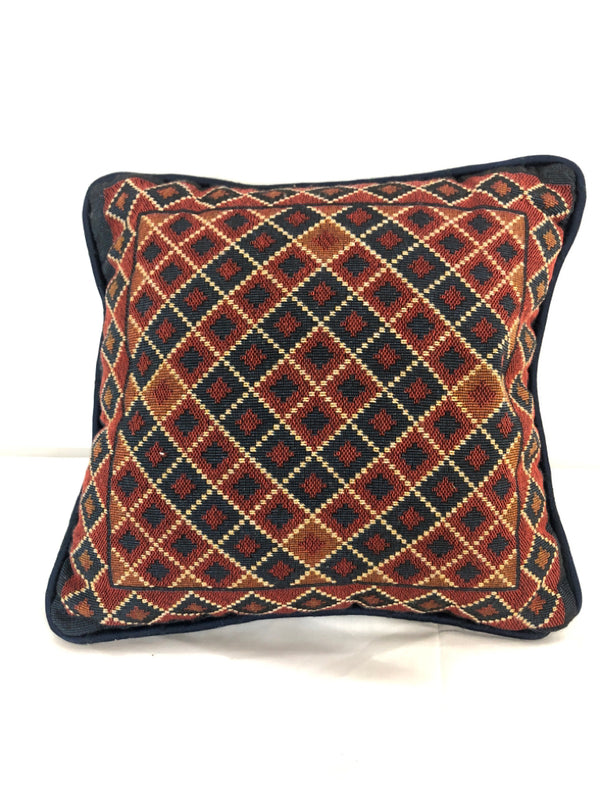 BLUE AND ORANGE SQUARE KNIT PILLOW.