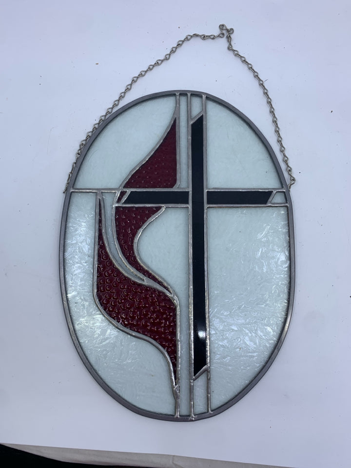 OVAL STAINED GLASS WALL HANGING BLACK CROSS.