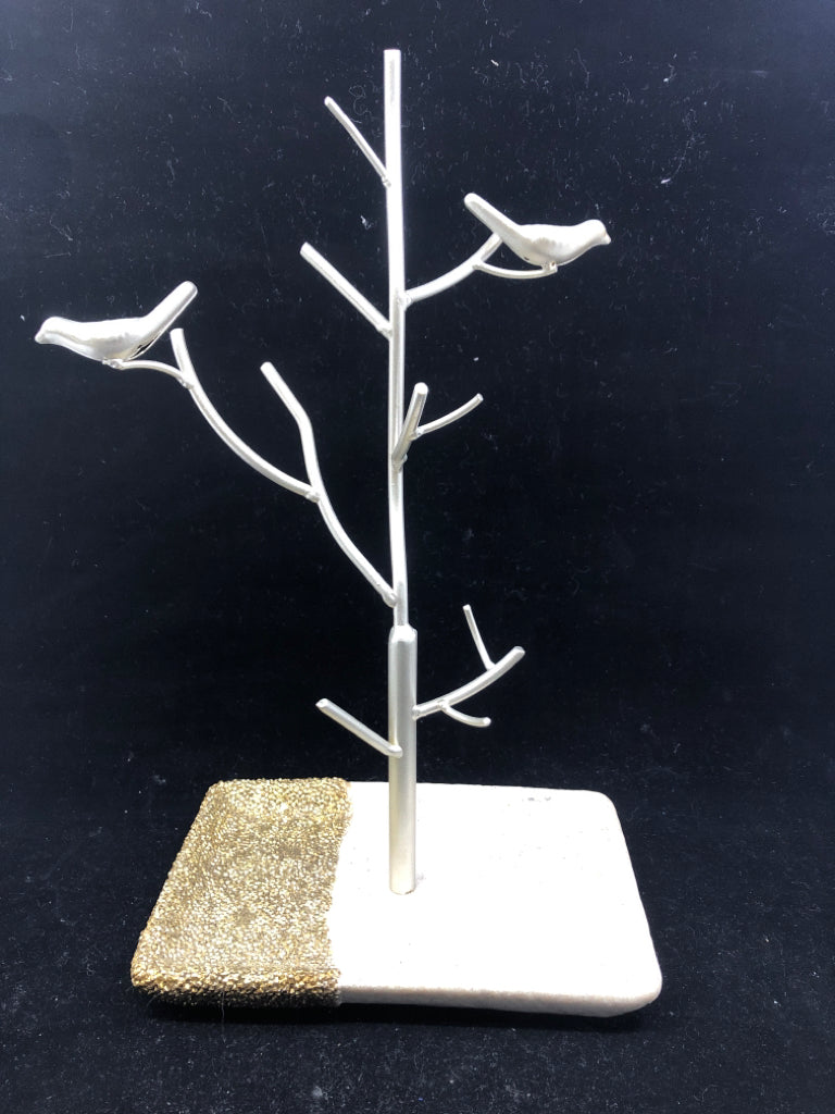 FAUX STONE BASE SILVER JEWELRY TREE.