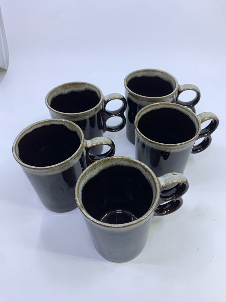 5 BROWN CERAMIC MUGS W/TWO HOLE HANDLE.