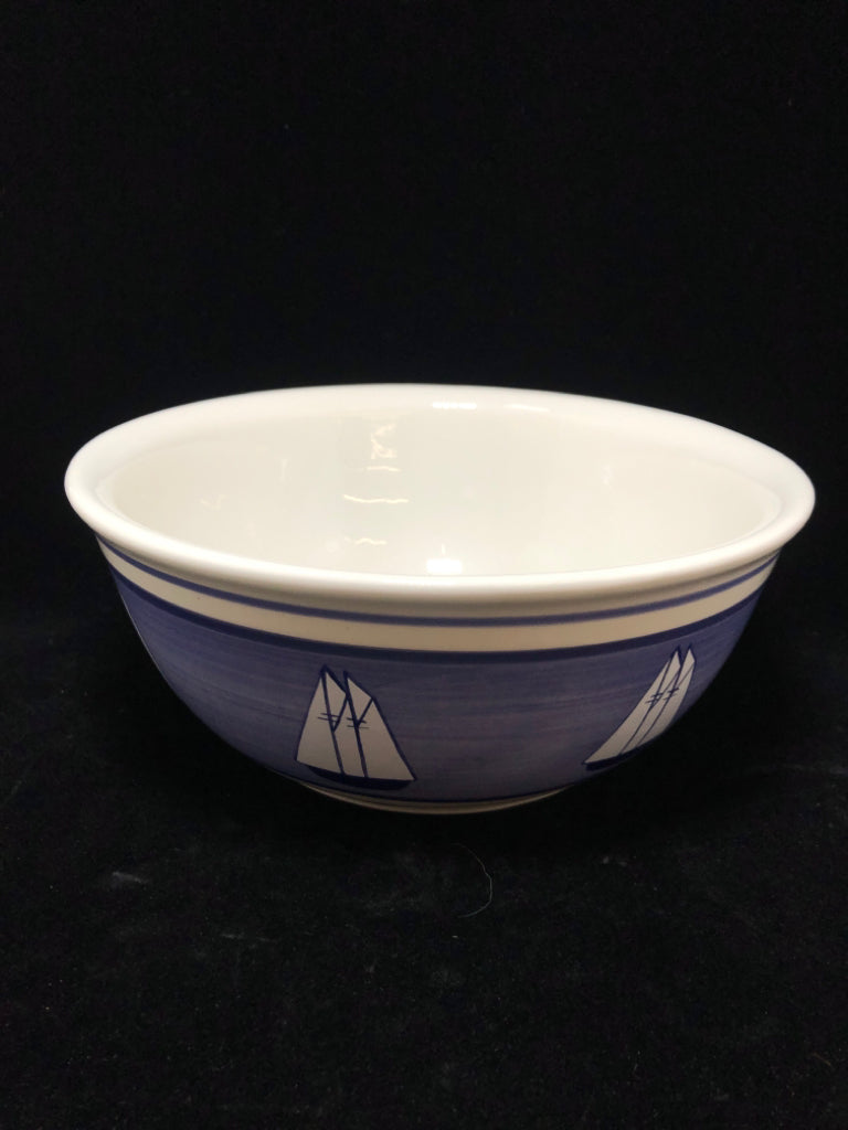 BLUE PAINTED SAILBOAT SERVING BOWL.