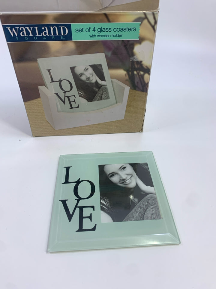 4PK GLASS LOVE COASTERS IN BOX.