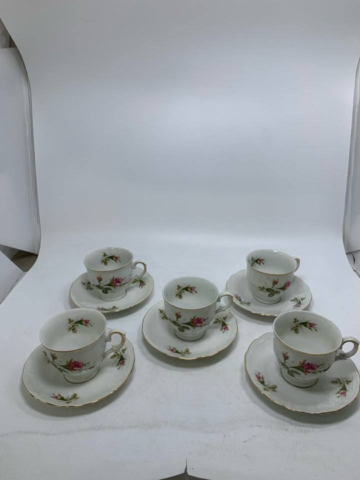 10 PC SVC 5 CMIELOW PINK ROSES TEA CUPS/SAUCERS.