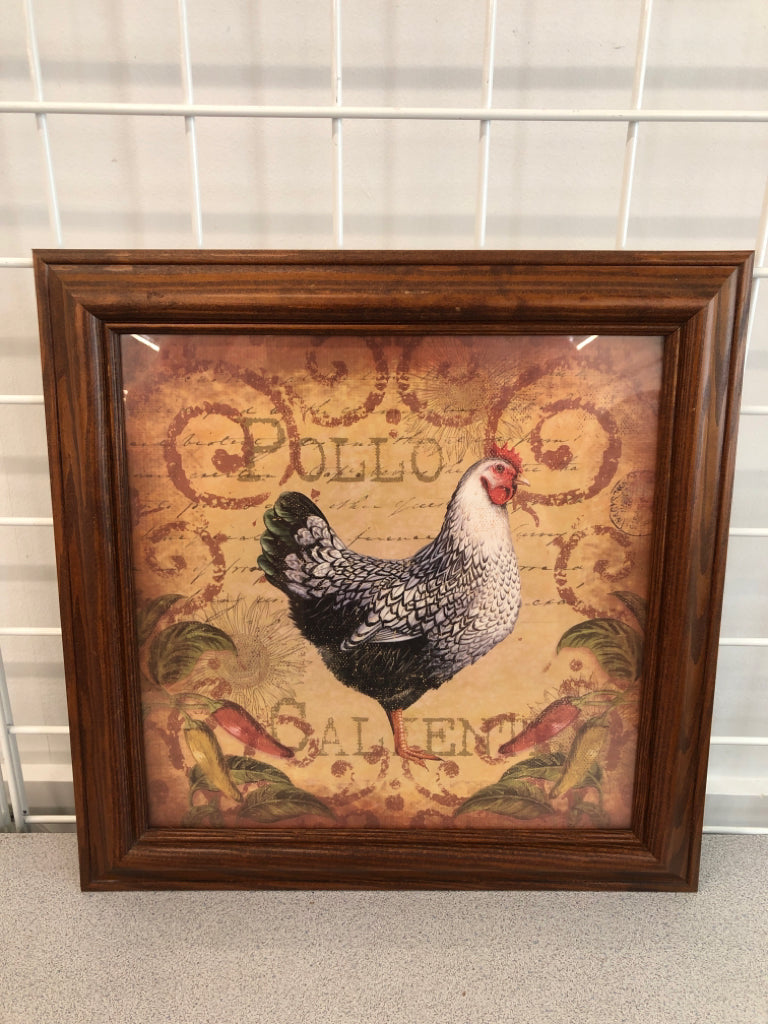 WHITE HEN PRINT IN WOOD FRAME.