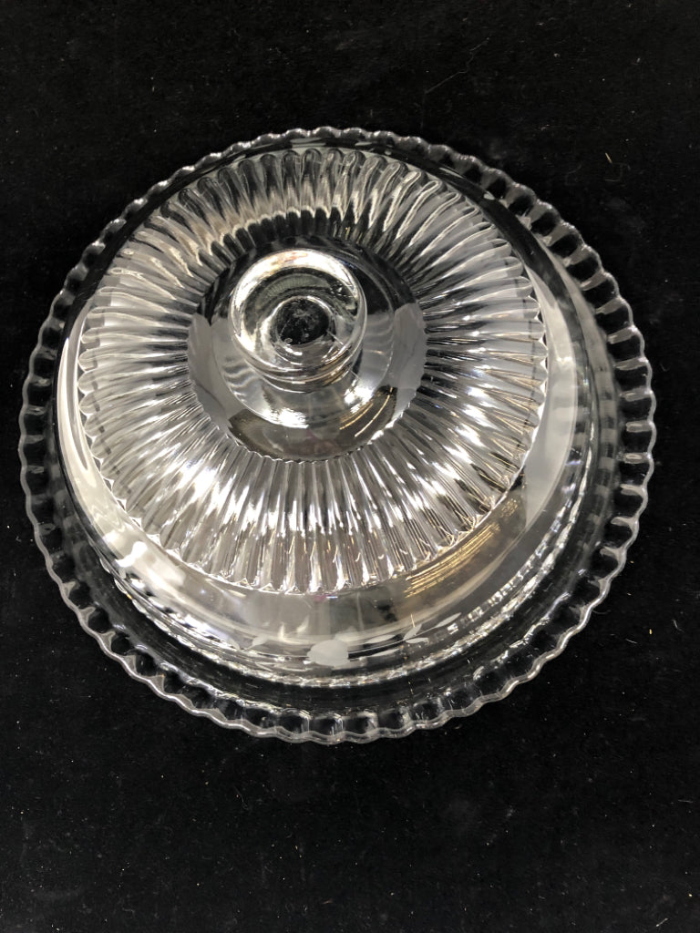 CUT GLASS CAKE DOME W/ETCHED FLOWERS AND RUFFLE EDGE.