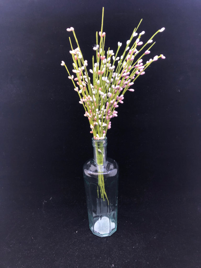 CLEAR GLASS VASE W/SKINNY NECK AND FAUX BUDS.