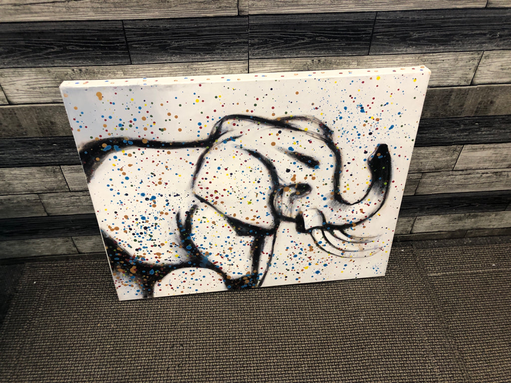 BLACK ELEPHANT ILLUSTRATION CANVAS W/ COLORED POLKA DOTS.