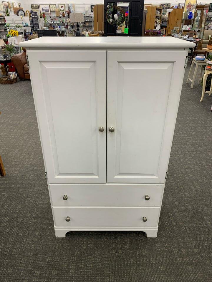 WHITE PAINTED WOOD DRESSER CABINET W/ SHELVES + 2 BOTTOM DRAWERS.