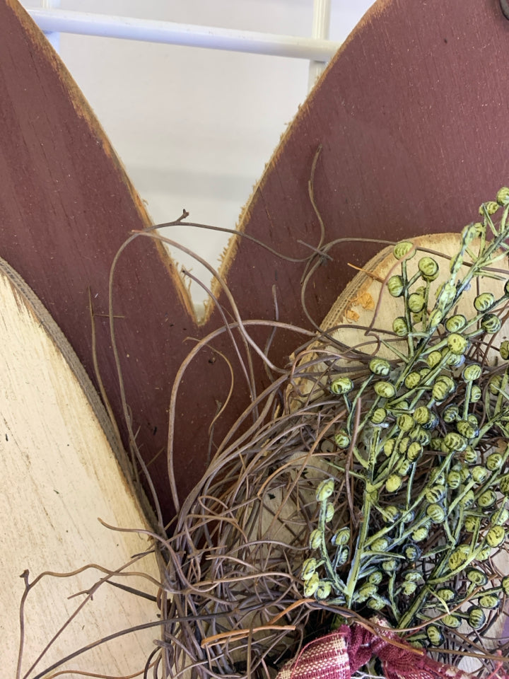 RUSTIC RED & WHITE HEART WALL HANGING W/FAUX FLORAL DECOR.