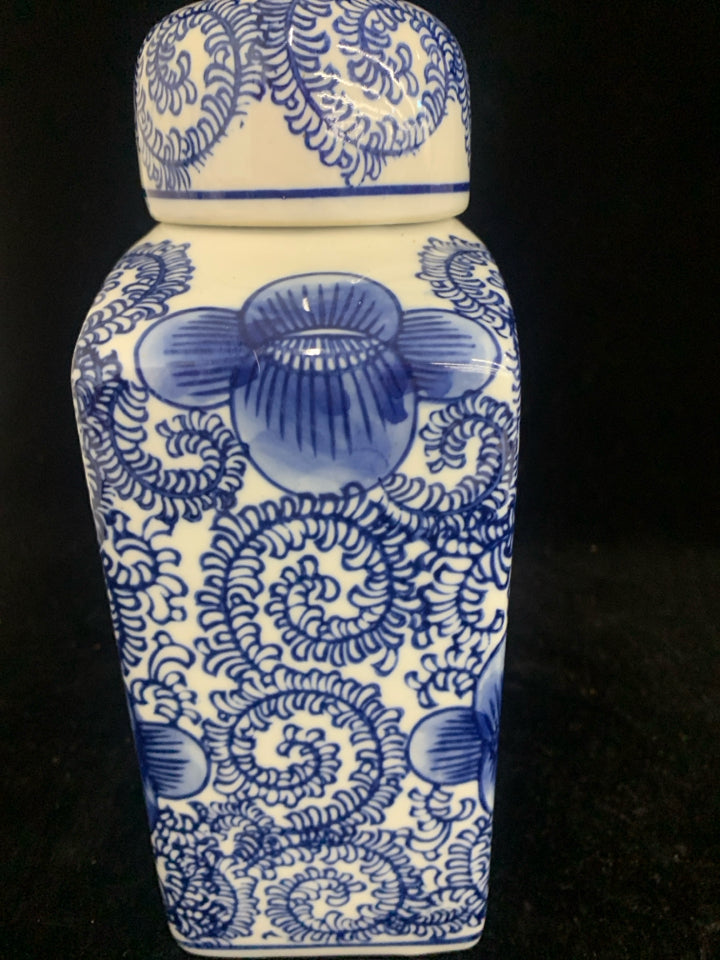 BLUE + WHITE ASIAN STYLE SQUARE GINGER JAR.