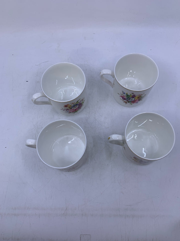 4 VTG WHITE W/ GOLD DETAILS MUGS.