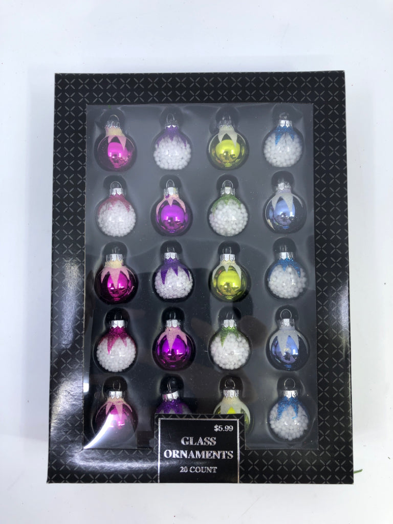 20 NIB GLASS SMALL ORNAMENTS.
