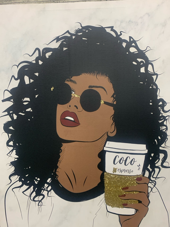 WOMAN HOLDING ESPRESSO CANVAS WALL ART.