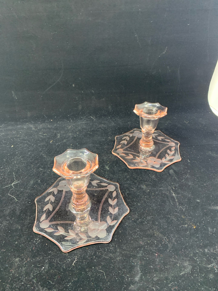 2 VTG PINK FLORAL ETCHED TAPER CANDLE HOLDERS.