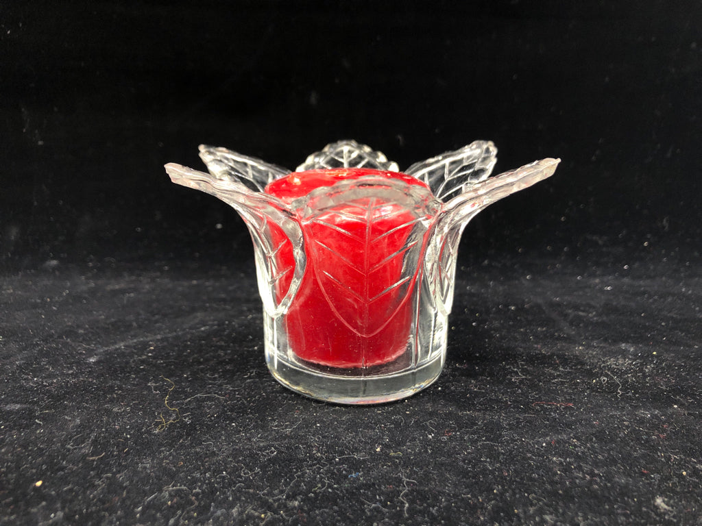 LEAF GLASS VOTIVE HOLDER WITH CANDLE.