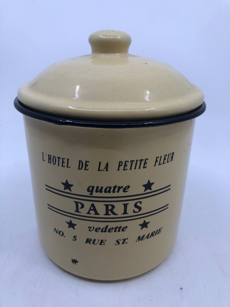 CREAM METAL CANISTER W/ QUATRE PARIS PRINTED.