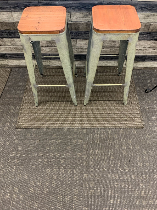 2 GALVANIZED WOOD TOP STOOLS.