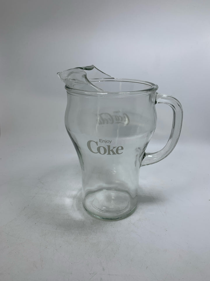 VTG CLEAR GLASS ENJOY COKE LARGE PITCHER.