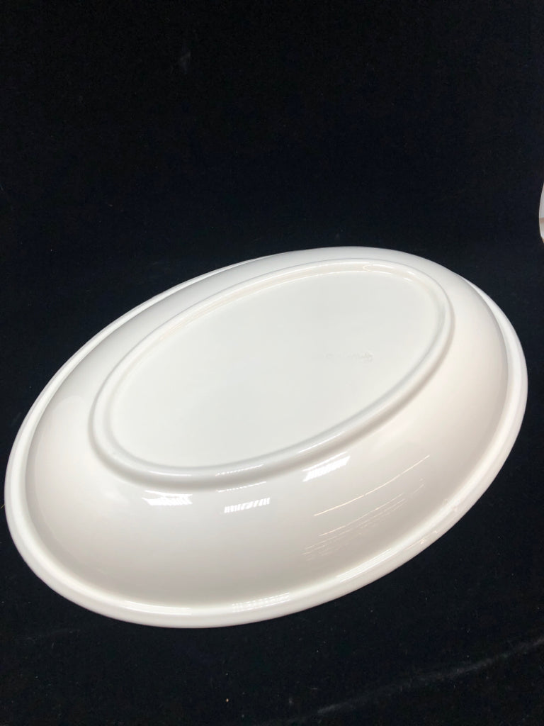 GREY/YELLOW STRIPE OVAL CERAMIC SERVING DISH.