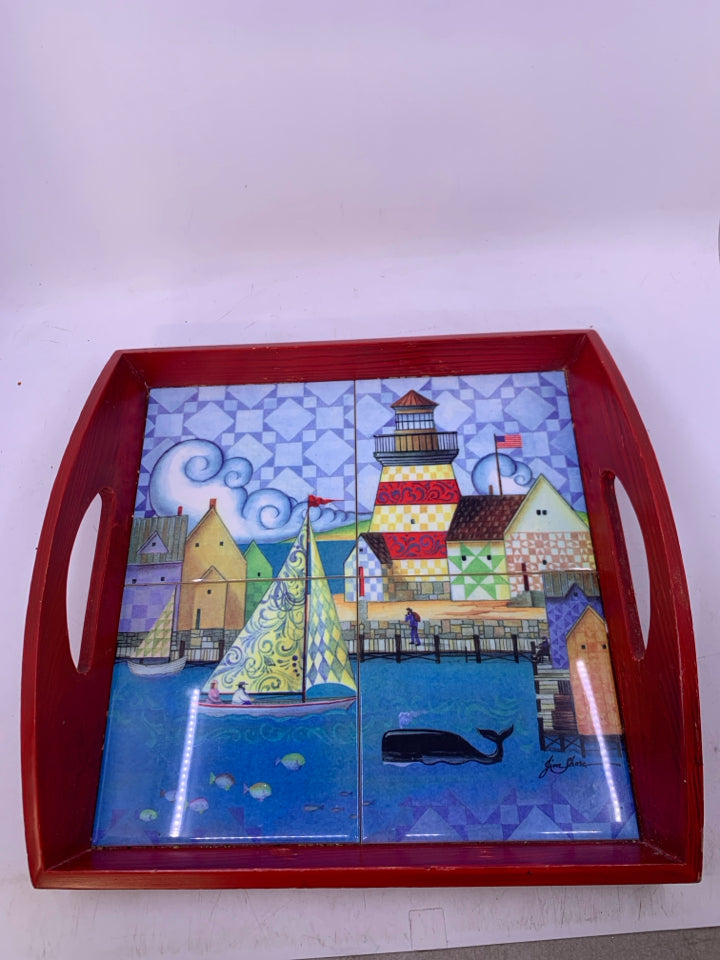 RED WOOD OUTSIDE W/ TILE BOARD WALK SCENE SAIL BOAT WHALE.