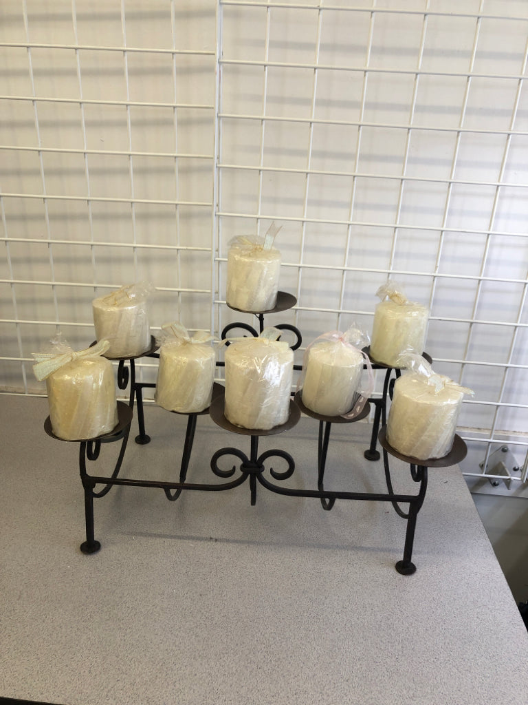 HEAVY METAL 8 SLOT PILLAR CANDLE FIREPLACE INSERT W/ CANDLES.