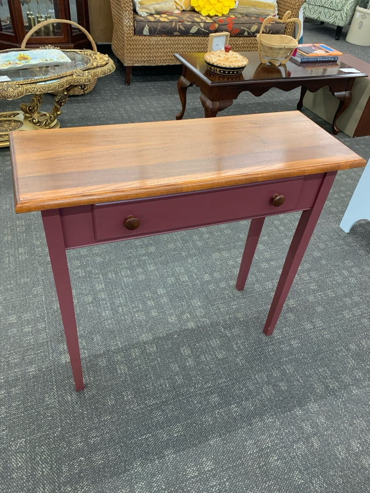 WOOD SOFA TABLE W/DRAWER AND RED PAINTED LEGS.