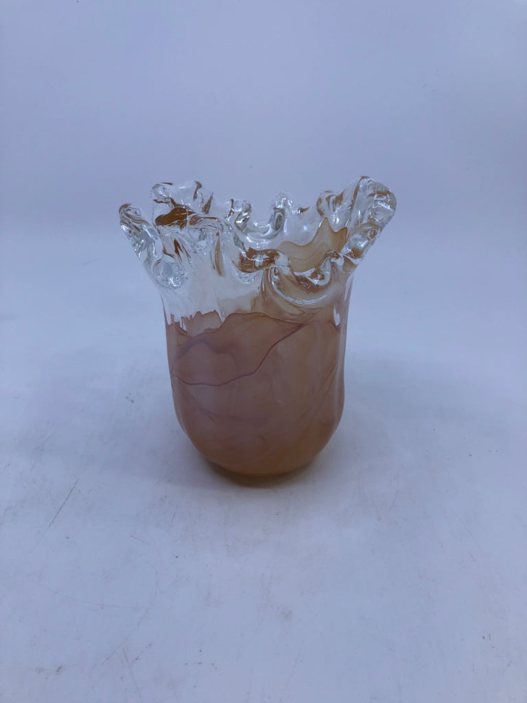 PEACH CLEAR GLASS VASE/ CANDLE HOLDER.