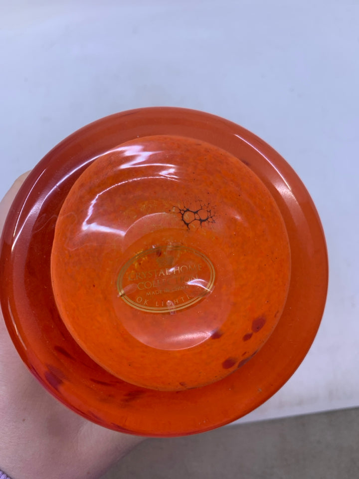 HEAVY BRIGHT ORANGE VASE W/ YELLOW POINTY UNEVEN RIM.