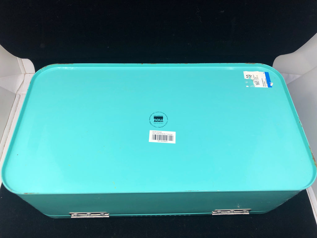 TEAL METAL ENAMEL BREAD BOX.