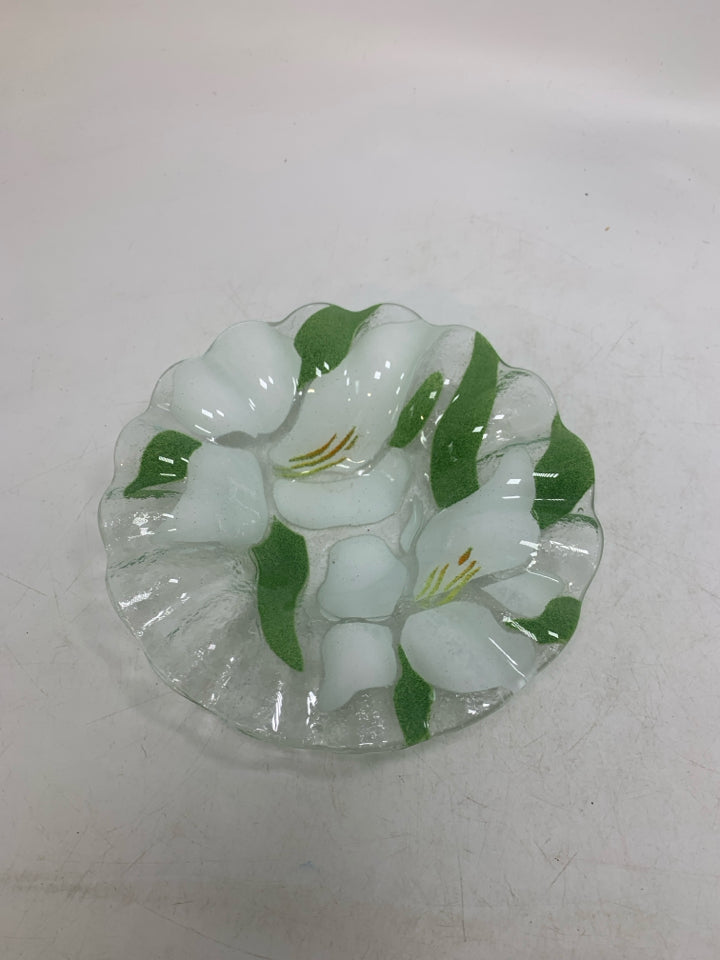 WHITE FLOWERS FUSED RUFFLED GLASS SMALL BOWL *SIGNED.