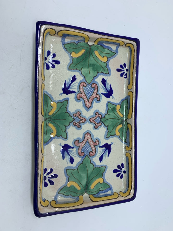 POTTERY TRAY W/ COBALT BLUE & YELLOW DETAILS.