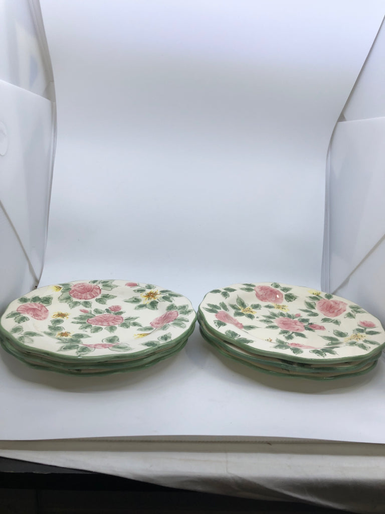 6 GREEN W PINK FLORAL DINNER PLATES.