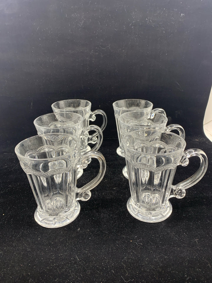 6 HEAVY GLASS DECORATIVE MUGS.