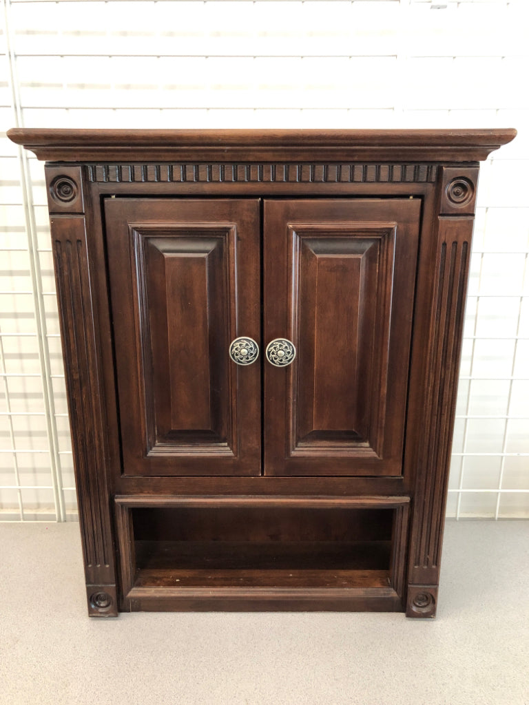 DARK WOOD WALL CABINET W/SHELF.